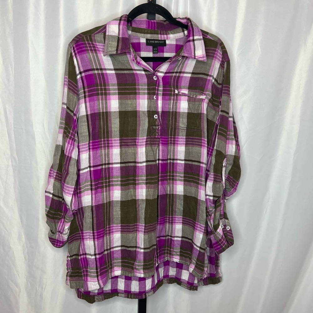 Lane Bryant Purple Gray and White Plaid Long Sleeve Shirt, size 14/16